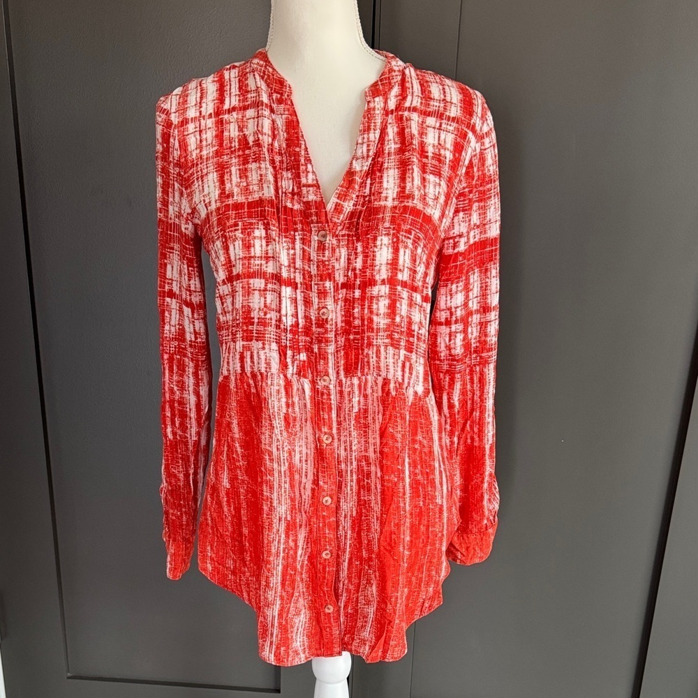 Maeve Vibrant Orange and White Plaid Button Down Shirt 100% Rayon